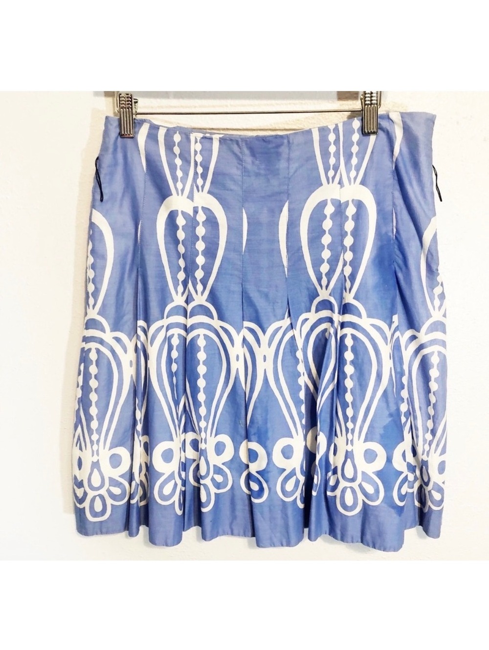 Anthropologie Blue and White Cotton Pleated Skirt with Silk Trim